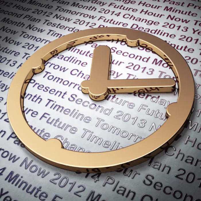 Gold clock emblem over repeated words 'Now Tomorrow Future Timeline' suggesting detox timeline